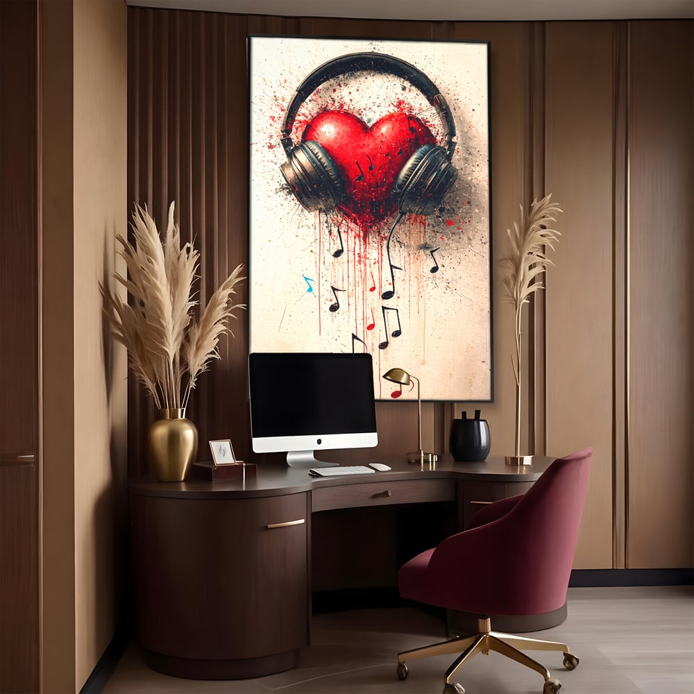 Tablou canvas cu tablou canvas cu inima rosie si casti audio, in rama de aluminiu negru, pe perete intr-un birou